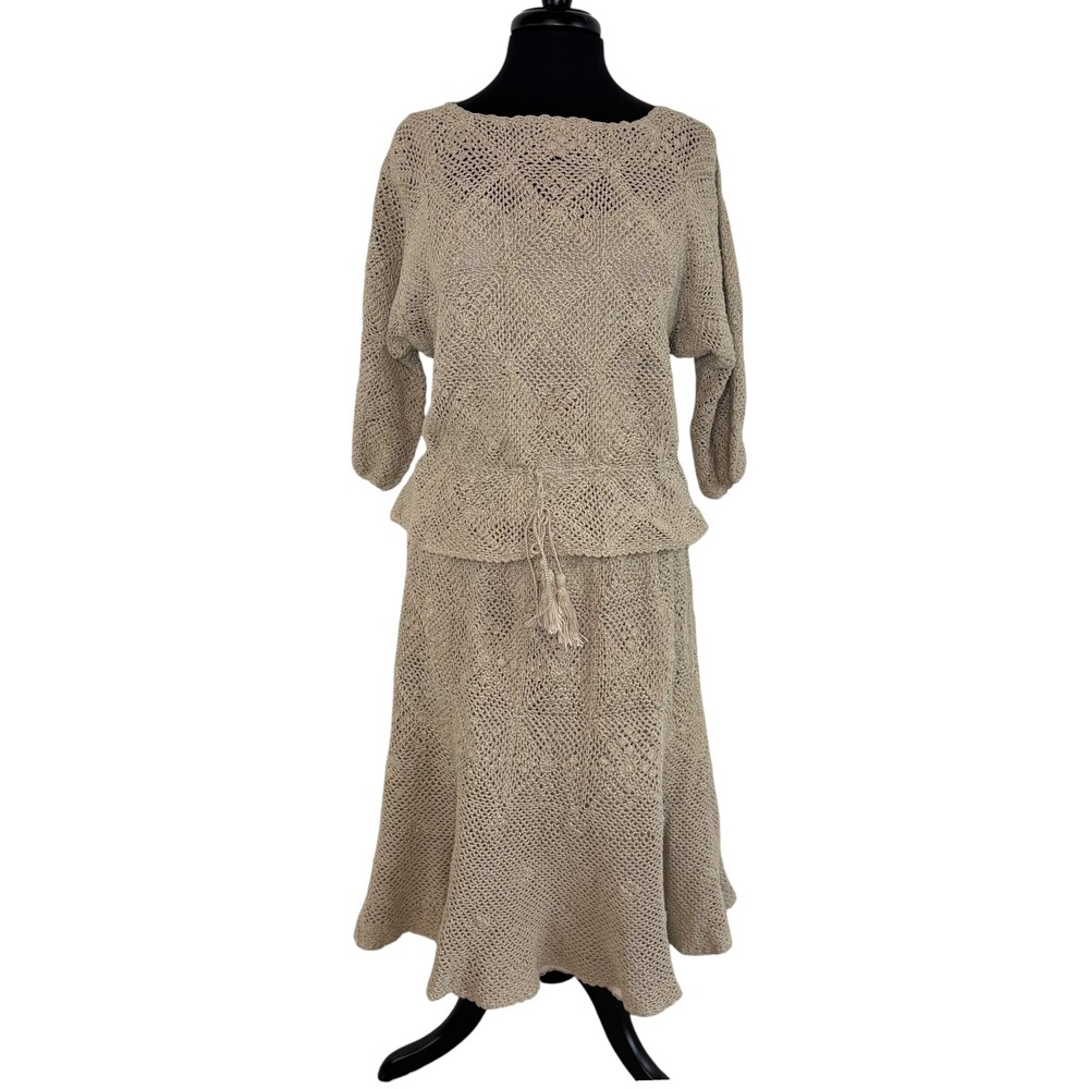Vintage Hand-Crocheted Skirt Set by J.M. Pink L Beige Boho Lagenlook 100% Cotton